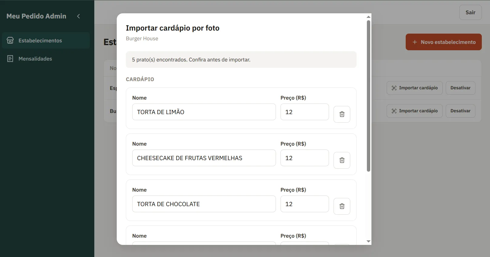 Tela de importação de cardápio por foto, com pratos e preços já reconhecidos pela IA
