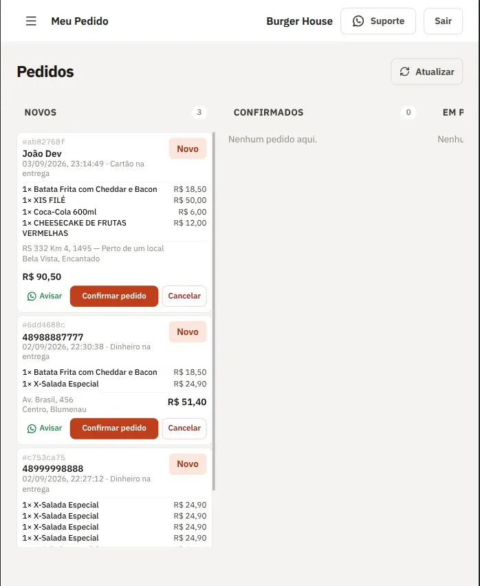 Fila de pedidos do painel do estabelecimento aberta no tablet
